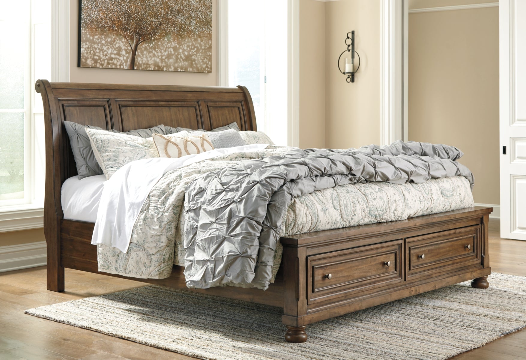 Flynnter King Sleigh Bed with 2 Storage Drawers with Mirrored Dresser, Chest and 2 Nightstands