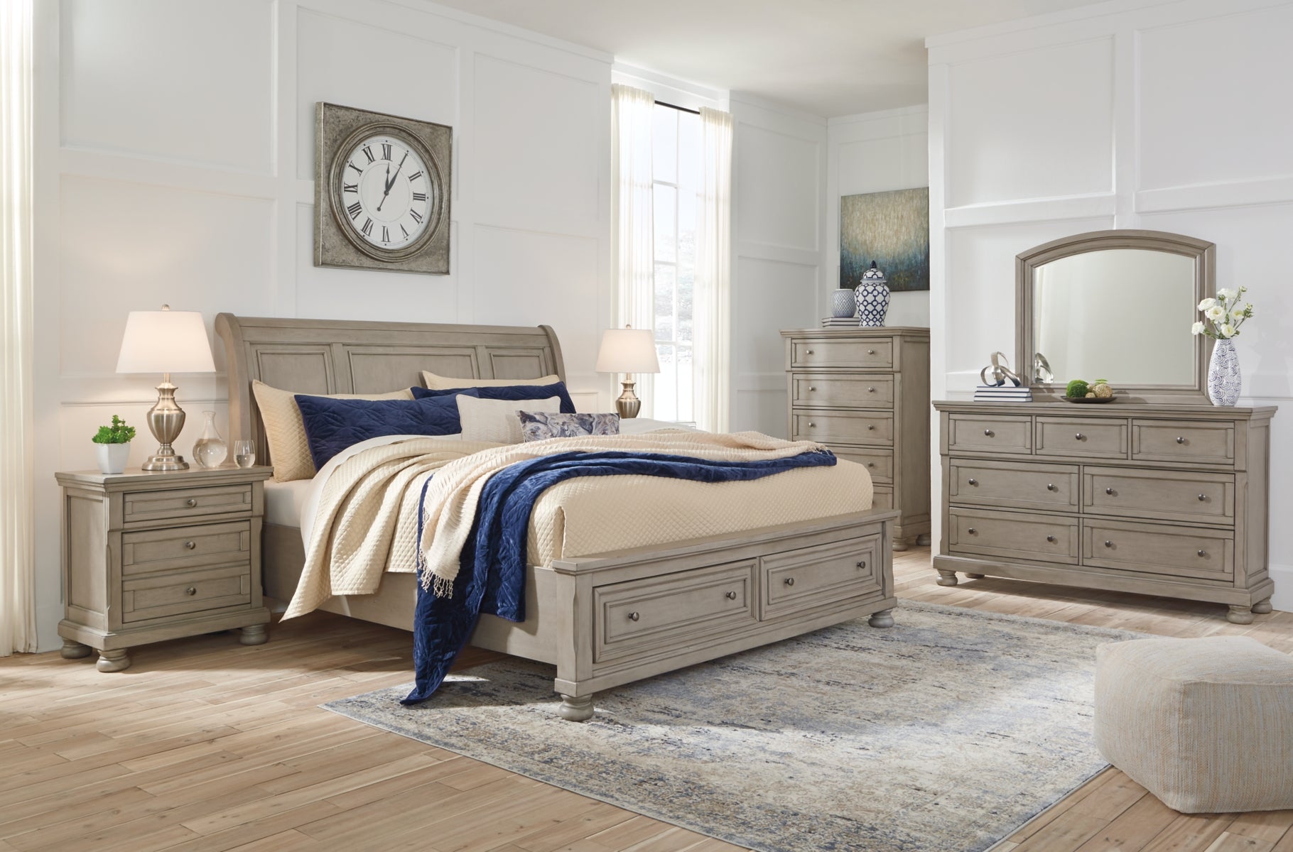 Lettner California King Sleigh Bed with Mirrored Dresser and Chest