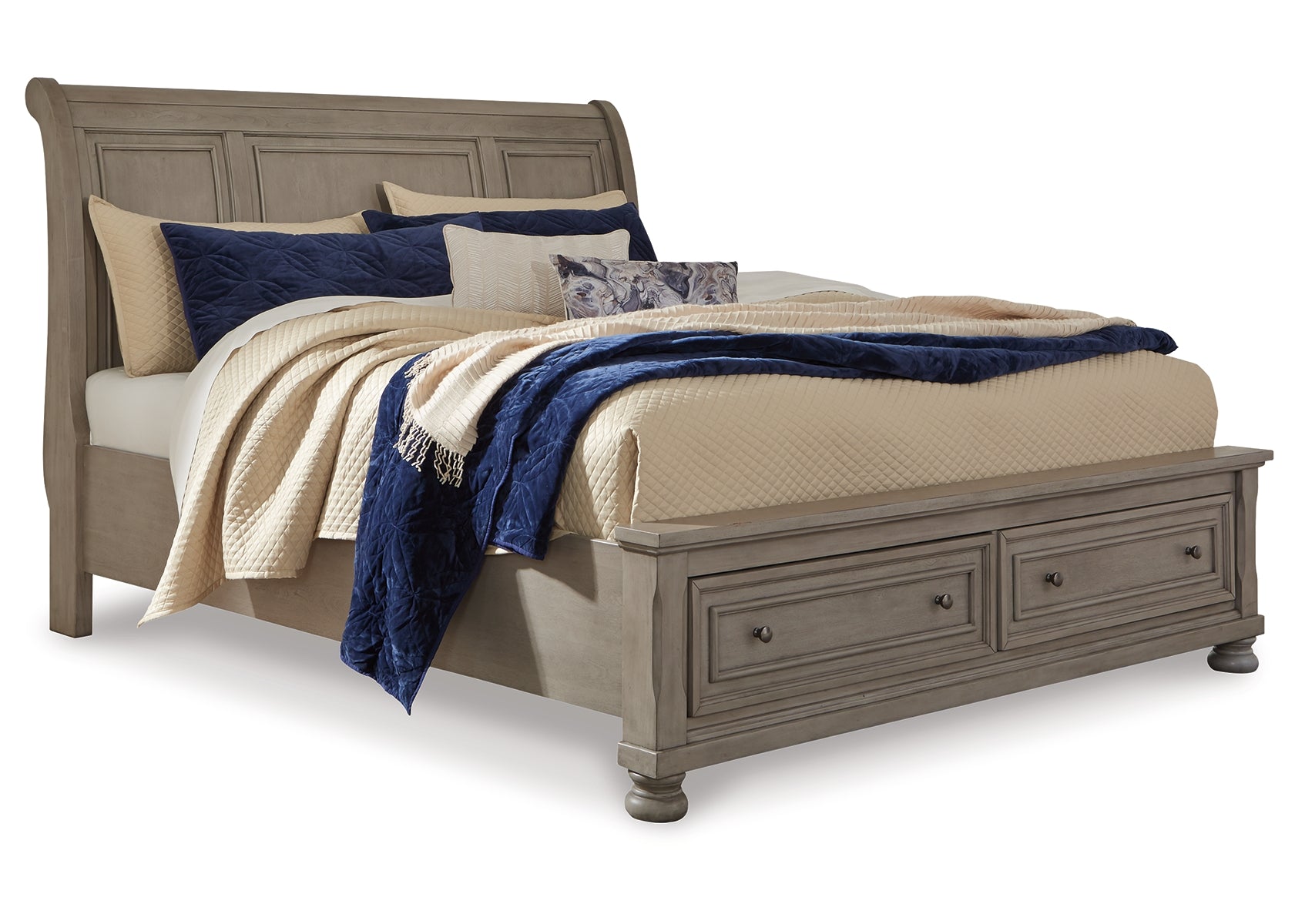 Lettner Queen Sleigh Bed with 2 Storage Drawers with Mirrored Dresser and Chest