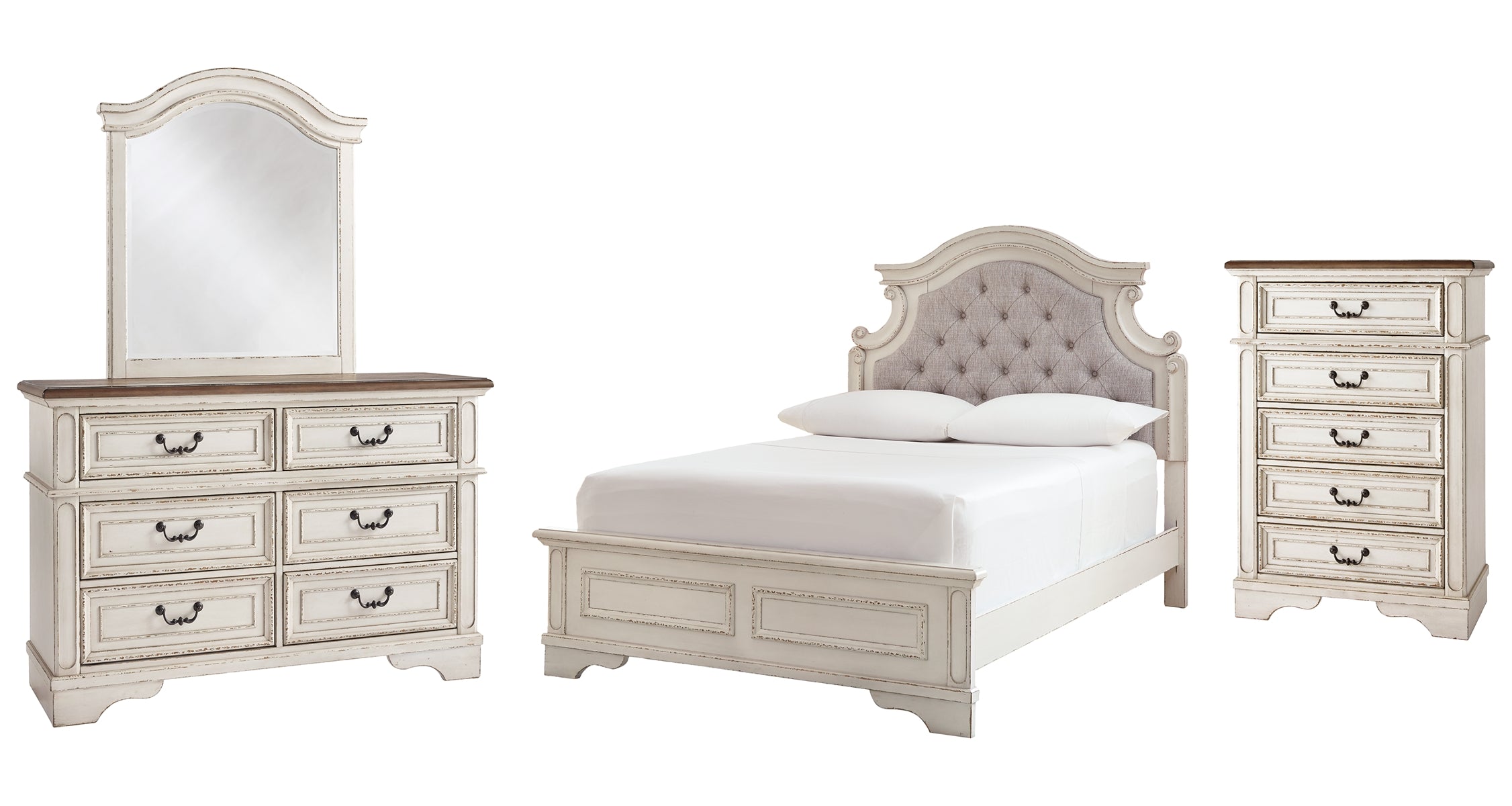 Realyn Full Panel Bed with Mirrored Dresser and Chest