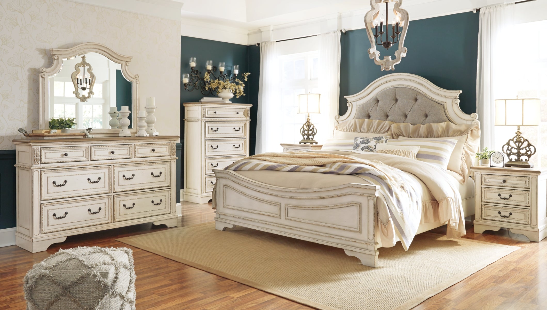 Realyn King Upholstered Bed with Mirrored Dresser, Chest and Nightstand