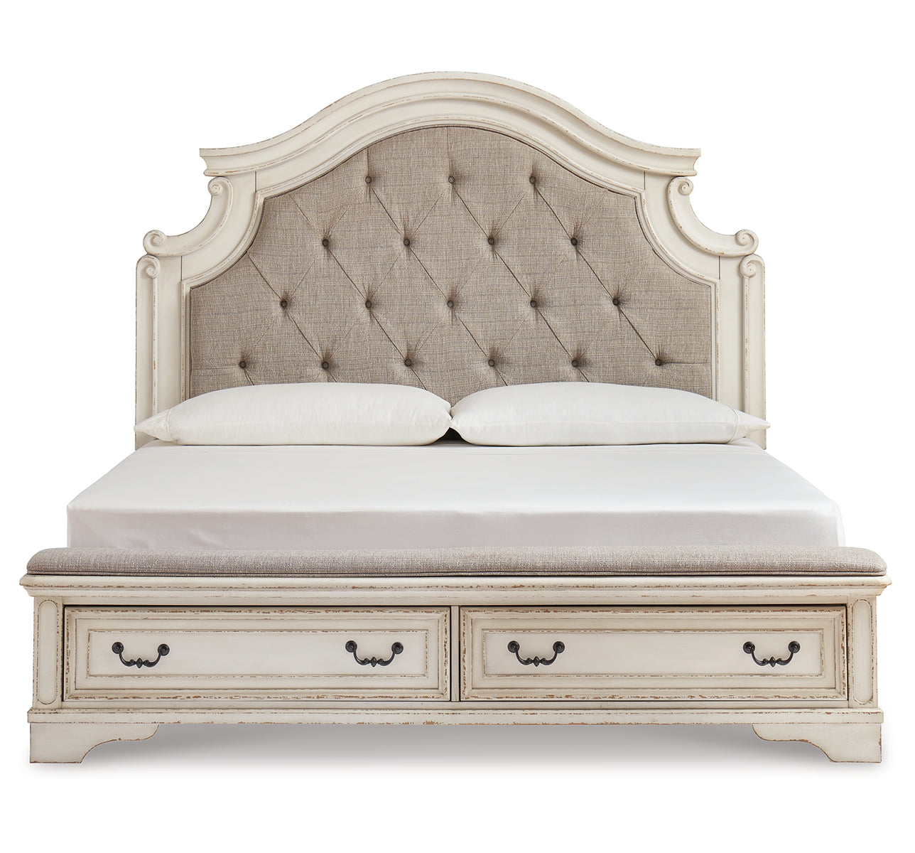 Realyn King Upholstered Bed with Mirrored Dresser, Chest and Nightstand