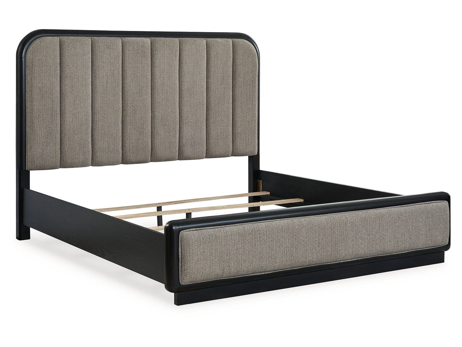 Rowanbeck King Upholstered Panel Bed with Mirrored Dresser