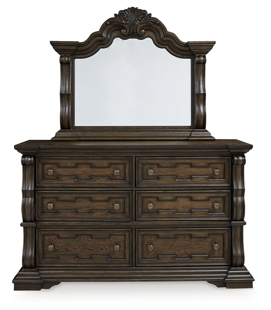 Maylee King Upholstered Bed with Mirrored Dresser and Chest