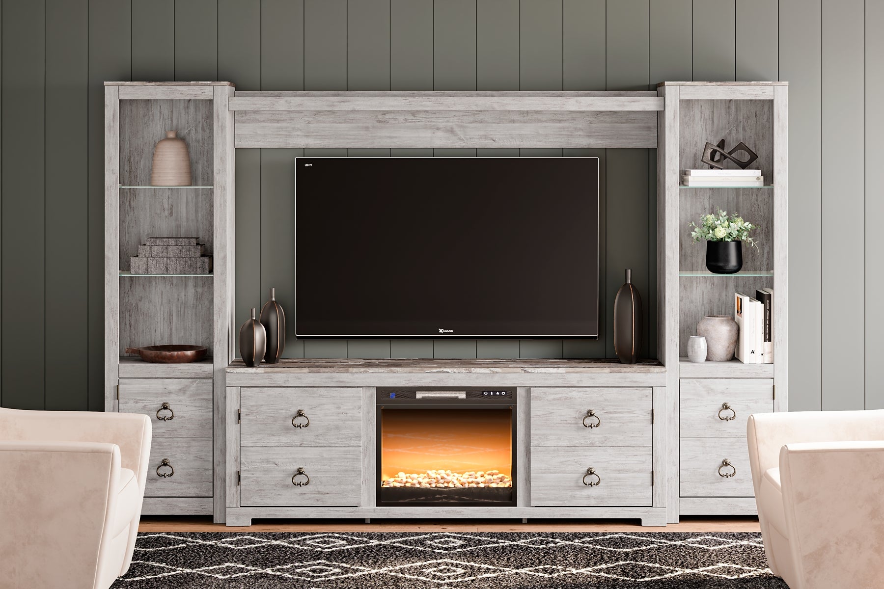 Entertainment center next on sale to fireplace