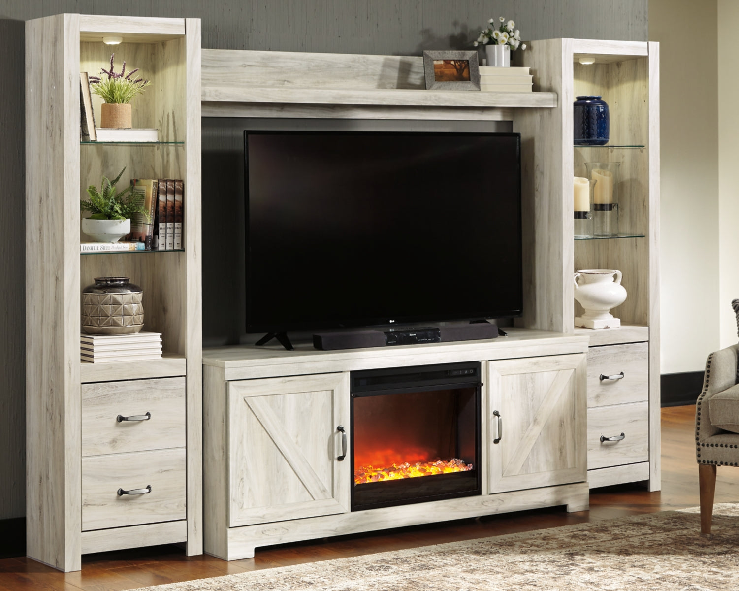 Entertainment center next on sale to fireplace