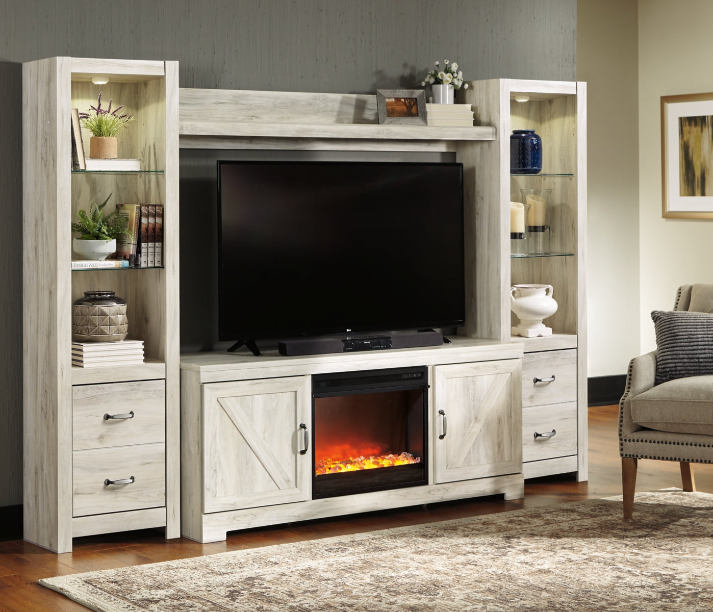 Bellaby whitewash entertainment store wall with fireplace