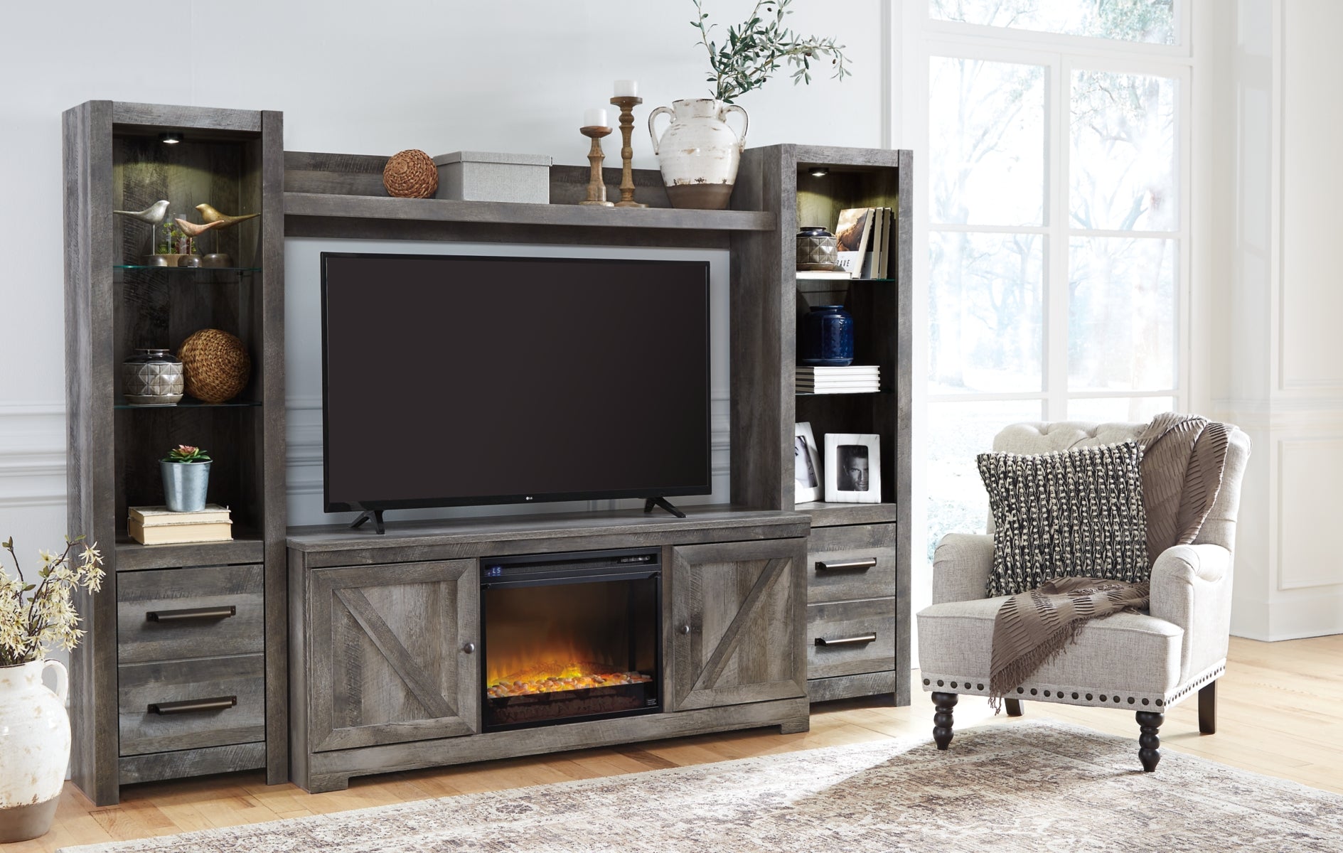 Wynnlow entertainment store center with fireplace