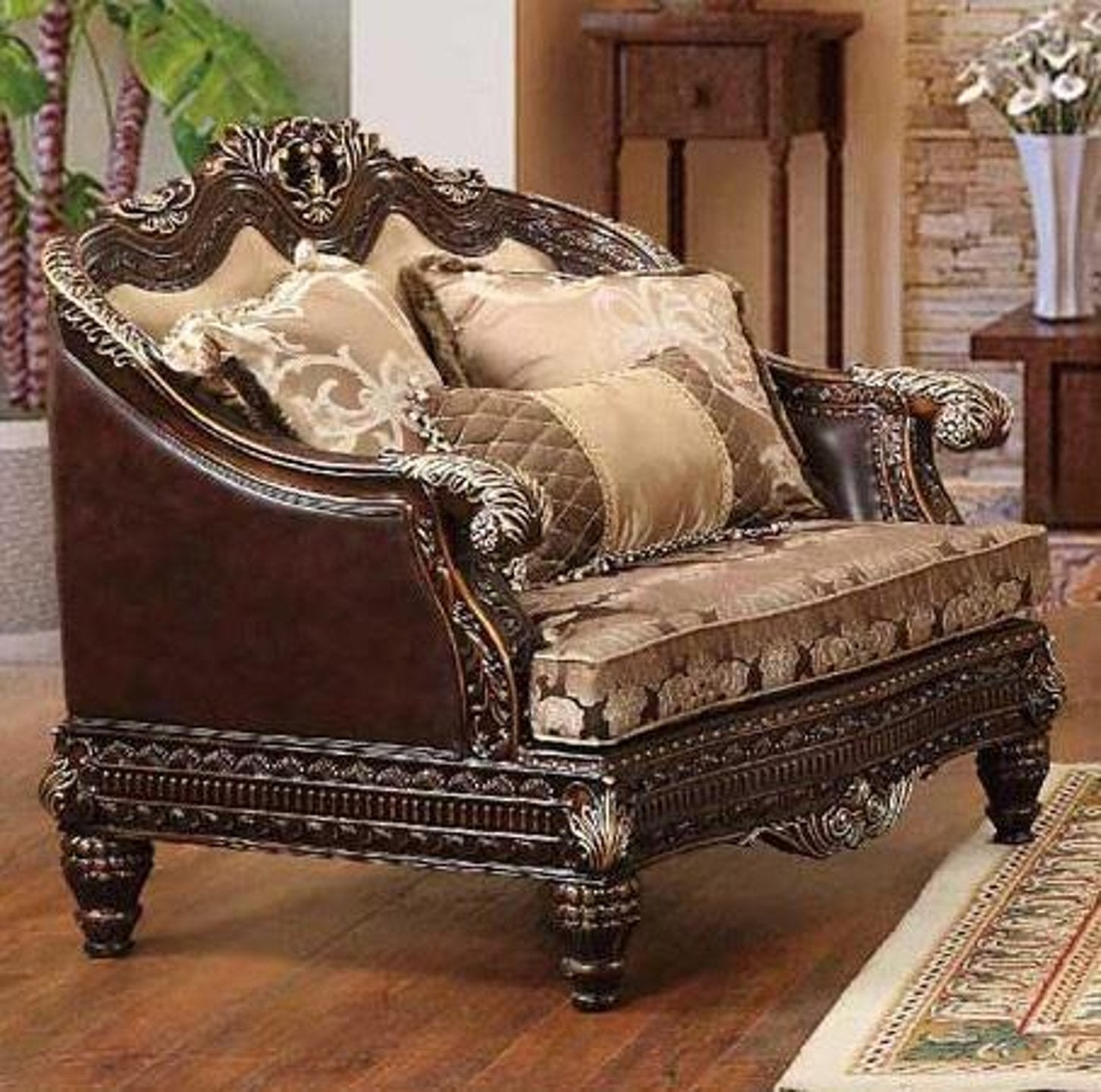 Cherry Finish Wood Sofa Set 3Pcs Traditional